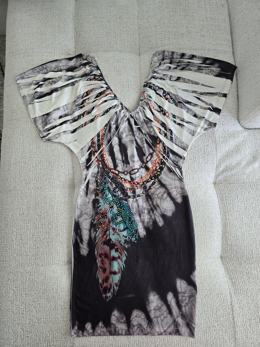 Women's Tie-Dye Feather Print V-Neck Tunic Top - Black & White with Teal Accents
